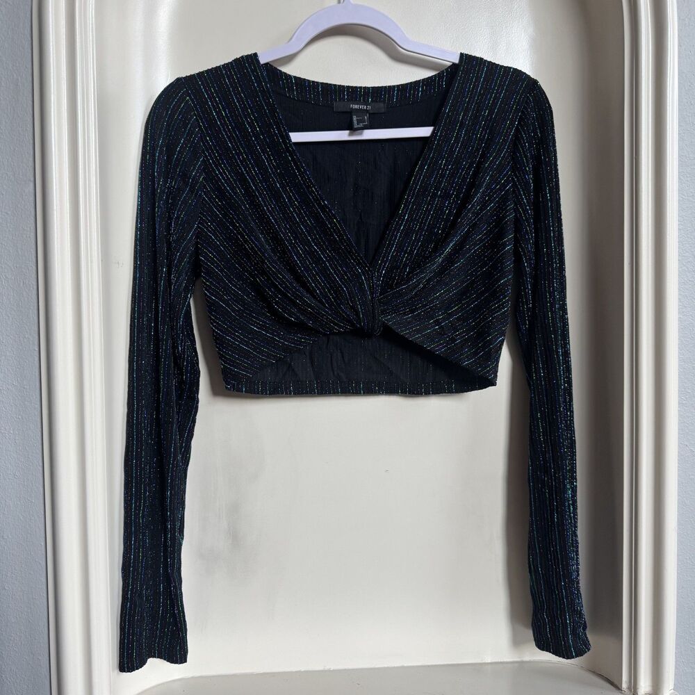 Forever 21 Long Sleeve Crop Top Black Metallic Stripe Tie V-Neck Size Large
